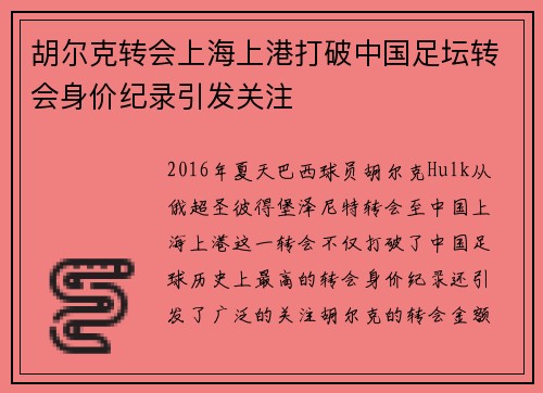 胡尔克转会上海上港打破中国足坛转会身价纪录引发关注